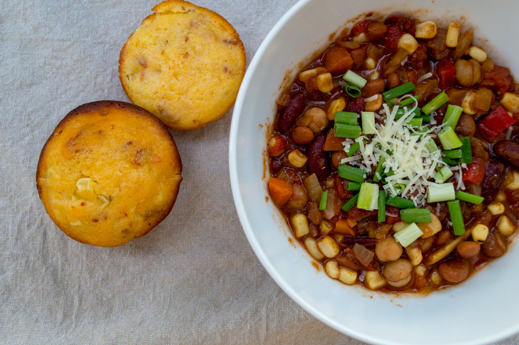 Vegetarian chili filled with legumes and fresh veggies that satisfies vegans and meat eaters alike.