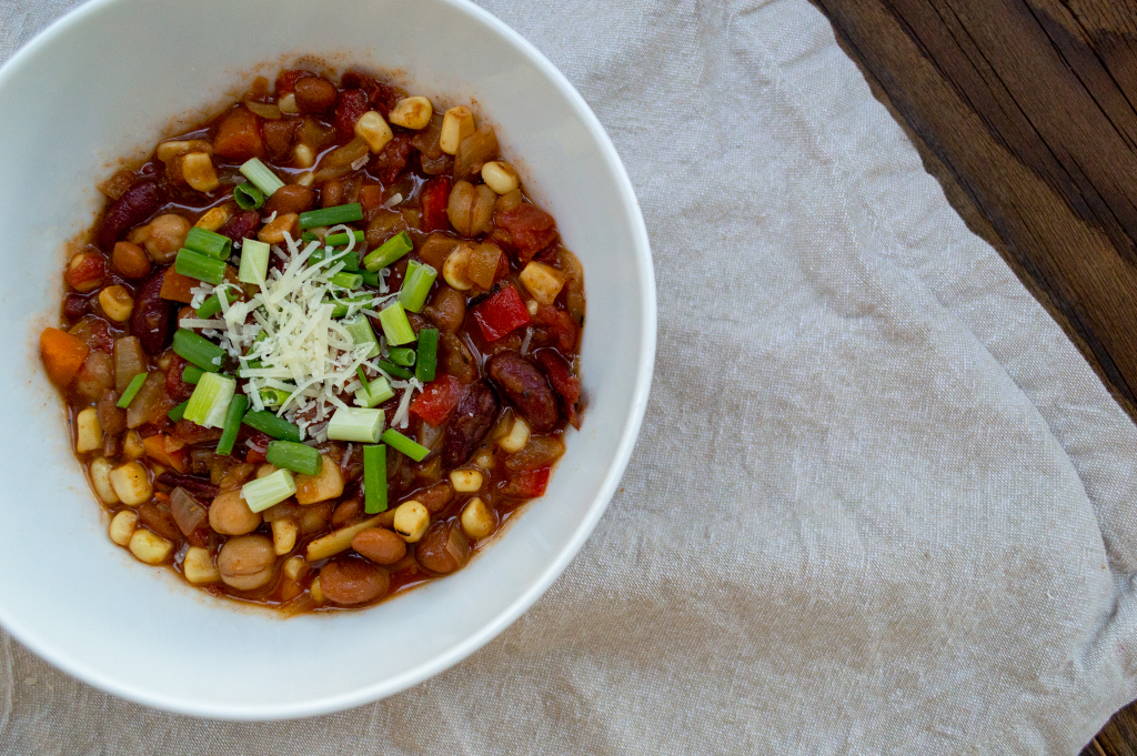 Vegetarian chili filled with legumes and fresh veggies that satisfies vegans and meat eaters alike.